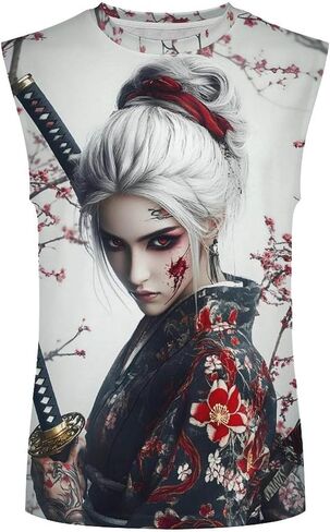 Mens Japanese Art Samurai Warrior Print Tank Top Workout Muscle Sleeveless Athletic Dry Fit Gym T-Shirts in Saudi Arabia
