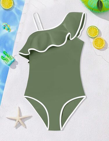 Girls Swimsuit One Piece Swimsuits Ruffle Kids Bathing Suit for Girls Solid Color Adjustable Straps Padded Swimwear in Saudi Arabia