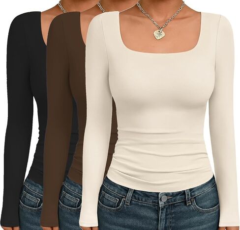 Ekouaer Womens 3 Pack Long Sleeve Shirts Square Neck Basic Tops Fitted Tee Thermal Undershirts XS-XXL in Saudi Arabia