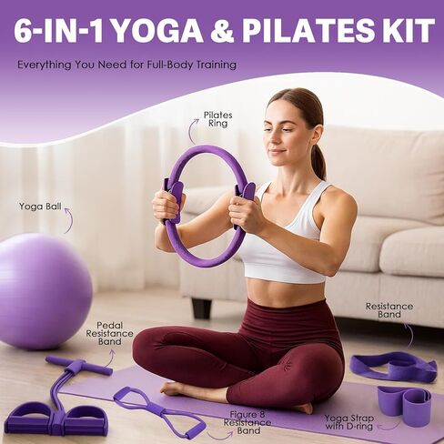 Pilates Essentials Kit for Women-Home Yoga Set,Including Foot Pedal Puller,Pilates Ring,Figure 8 Resistance Band,Pilates Ball,Resistance Band,Yoga Stretching Elastic Band,for Travel&Home Workouts in Saudi Arabia
