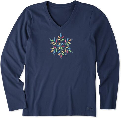 Life is Good. Women's Snowflake Holiday Lights Long Sleeve Crusher Vee, Darkest Blue in Saudi Arabia