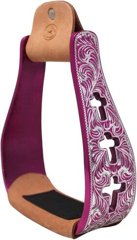CHALLENGER Western Cross Cut-Out Pink Engraved Aluminum Saddle Show Stirrups 5145PK in Saudi Arabia