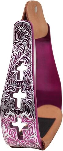 CHALLENGER Western Cross Cut-Out Pink Engraved Aluminum Saddle Show Stirrups 5145PK in Saudi Arabia