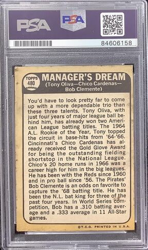 وقع توني أوليفا على بطاقة Topps # 480 لعام 1968 Twins HOF Roberto Clemente PSA/DNA Auto10 - بطاقات موقعة من ألواح البيسبول in Saudi Arabia