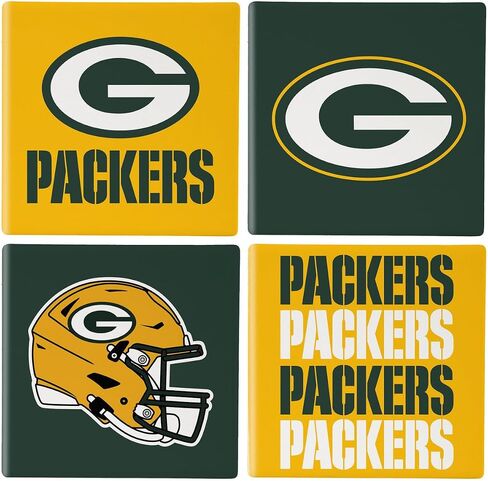 NFL Green Bay Packers Coasters Gift Set with Wood Caddy, 4pcs Ceramic Stone Drink Coasters with Wooden Holder, Football Tabletop Décor for Home, Bar, Man Cave, Holiday for Men Women in Saudi Arabia