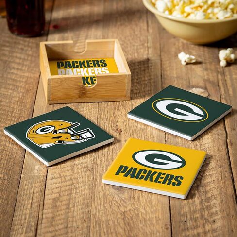 NFL Green Bay Packers Coasters Gift Set with Wood Caddy, 4pcs Ceramic Stone Drink Coasters with Wooden Holder, Football Tabletop Décor for Home, Bar, Man Cave, Holiday for Men Women in Saudi Arabia
