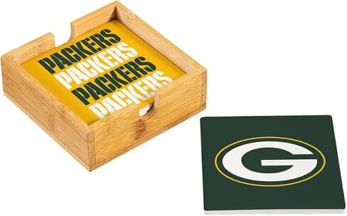 NFL Green Bay Packers Coasters Gift Set with Wood Caddy, 4pcs Ceramic Stone Drink Coasters with Wooden Holder, Football Tabletop Décor for Home, Bar, Man Cave, Holiday for Men Women in Saudi Arabia