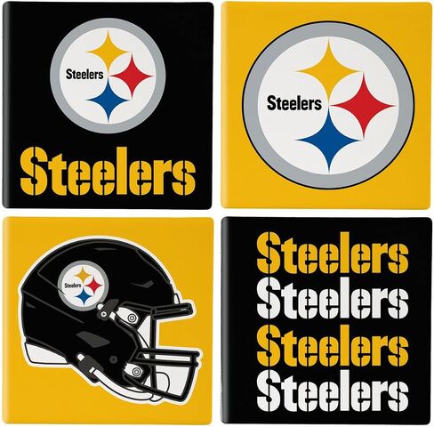 مجموعة هدايا NFL Pittsburgh Steelers Coasters مع علبة خشبية، 4 قطع قواعد أكواب من حجر السيراميك مع حامل خشبي، ديكور لطاولة كرة القدم للمنزل، البار، كهف الرجل، عطلة للرجال والنساء in Saudi Arabia