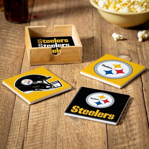 مجموعة هدايا NFL Pittsburgh Steelers Coasters مع علبة خشبية، 4 قطع قواعد أكواب من حجر السيراميك مع حامل خشبي، ديكور لطاولة كرة القدم للمنزل، البار، كهف الرجل، عطلة للرجال والنساء in Saudi Arabia