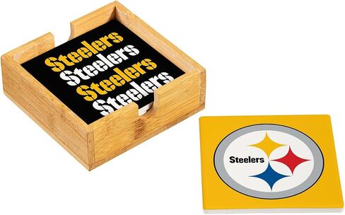 مجموعة هدايا NFL Pittsburgh Steelers Coasters مع علبة خشبية، 4 قطع قواعد أكواب من حجر السيراميك مع حامل خشبي، ديكور لطاولة كرة القدم للمنزل، البار، كهف الرجل، عطلة للرجال والنساء in Saudi Arabia