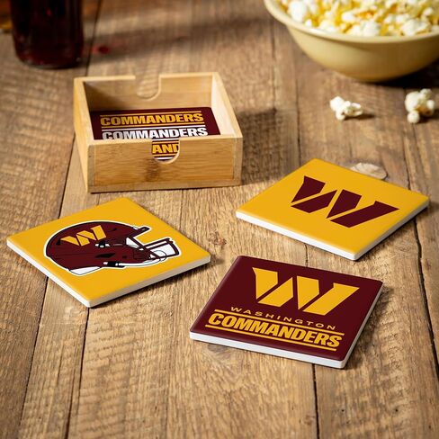 NFL Washington Commanders Coasters Set with Wood Caddy, 4pcs Ceramic Stone Beverage Drink Coasters with Wooden Holder, Football Tabletop Décor for Home, Bar, Kitchen, Man Cave, or Office in Saudi Arabia