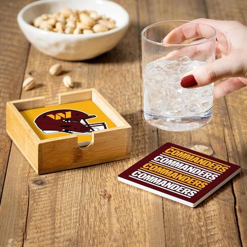 NFL Washington Commanders Coasters Set with Wood Caddy, 4pcs Ceramic Stone Beverage Drink Coasters with Wooden Holder, Football Tabletop Décor for Home, Bar, Kitchen, Man Cave, or Office in Saudi Arabia