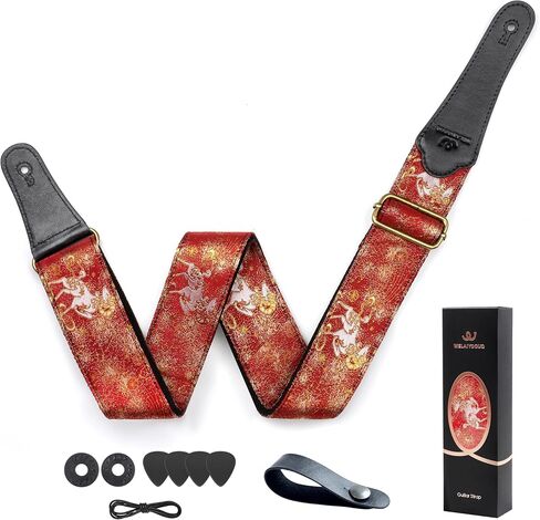 Guitar Strap, Electric& Acoustic bass guitar straps,embroidered filament with Head Cowhide Leather strap, with Free Strap Button,2 guitar Strap Locks，4Guitar Pick (birds and flowers) in Saudi Arabia