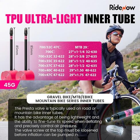RideNow TPU Road Bike Inner Tube, 2 Pack Gravel Bike Tube 700 x 32C-47C with 45mm/65mm/85mm Presta Valves, Ultra-Light Puncture Resistant Bicycle Inner Tube(Include Bike Inner Tire Patch Repair Kits) in Saudi Arabia