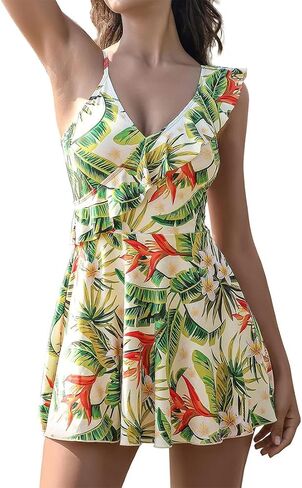 Women's One Shoulder Ruffle One Piece Swimdress Floral Printing Bathing Suits V Neck Swim Skirt in Saudi Arabia