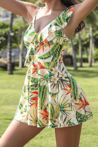 Women's One Shoulder Ruffle One Piece Swimdress Floral Printing Bathing Suits V Neck Swim Skirt in Saudi Arabia