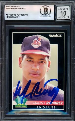 ماني راميريز موقعة 1992 بطاقة Pinnacle Rookie # 295 Cleveland Indians Auto Grade Gem Mint 10 Beckett BAS Stock # 239944 - بطاقات البيسبول المبلطة الموقعة in Saudi Arabia