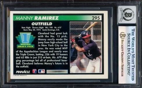ماني راميريز موقعة 1992 بطاقة Pinnacle Rookie # 295 Cleveland Indians Auto Grade Gem Mint 10 Beckett BAS Stock # 239944 - بطاقات البيسبول المبلطة الموقعة in Saudi Arabia