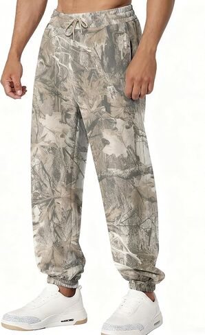 رجل كامو Sweatpants فضفاض مابل ليف طباعة مدبب ركض الصوف الرباط الخصر تجريب صالة السراويل مع جيوب in Kuwait