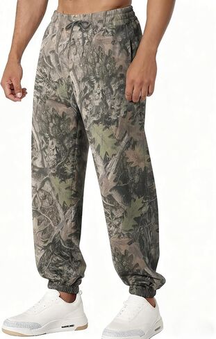 رجل كامو Sweatpants فضفاض مابل ليف طباعة مدبب ركض الصوف الرباط الخصر تجريب صالة السراويل مع جيوب in Kuwait