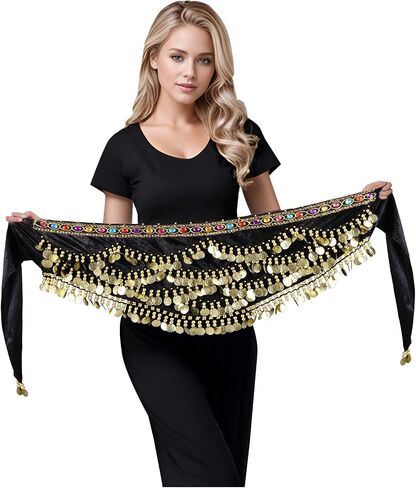 Women's Belly Dance Hip Scarf with Gold Coins Triangular Belly Dancing Wrap Belt for Performance Dance Festival in Saudi Arabia