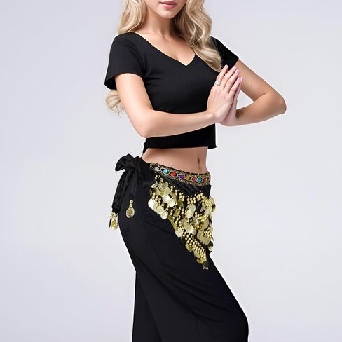 Women's Belly Dance Hip Scarf with Gold Coins Triangular Belly Dancing Wrap Belt for Performance Dance Festival in Saudi Arabia
