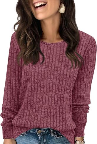 Tankaneo Womens Long Sleeve Sweater Fall 2025 Crew Neck Sweaters Dressy Casual Ribbed Trendy Tops in Saudi Arabia