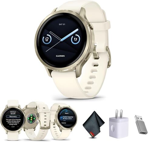Garmin Venu 4, 41mm, Advanced Fitness Tracker GPS Smartwatch, 1.2" AMOLED Display, Built-in Flashlight, 10 Days of Battery Life, Lunar Gold with Bone Silicone Band (Watch Bundle) in Saudi Arabia