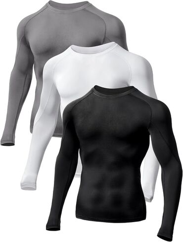 Odoland 3 Pack Long Sleeve Compression Shirts for Men, Crew Neck Sports Undershirt, Athletic Base Layer Top for Running Gym in Saudi Arabia