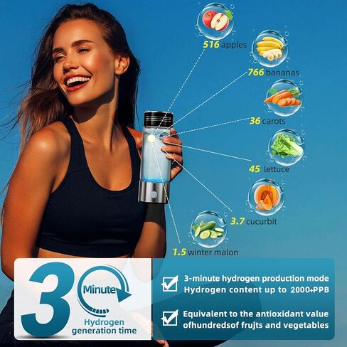 زجاجة مياه هيدروجين، مولد زجاجة مياه هيدروجين زجاجي قابل لإعادة الشحن سعة 15 أونصة، ينتج 2000PPB ماء هيدروجين مضاد للأكسدة في 3 دقائق، مثالي للسفر والرياضة والمكاتب والهدايا in Kuwait