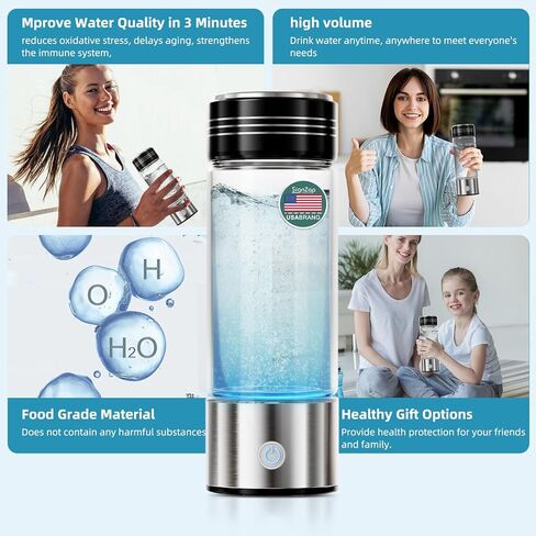 زجاجة مياه هيدروجين، مولد زجاجة مياه هيدروجين زجاجي قابل لإعادة الشحن سعة 15 أونصة، ينتج 2000PPB ماء هيدروجين مضاد للأكسدة في 3 دقائق، مثالي للسفر والرياضة والمكاتب والهدايا in Kuwait