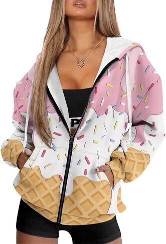 JEOCODY Zip Up Hoodie Women Oversized Hoodie Casual Long Sleeve Graphic Jackets with Pockets Zipper Drawstring in Saudi Arabia