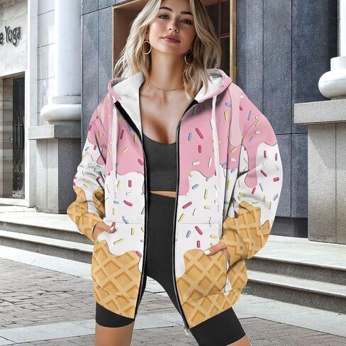 JEOCODY Zip Up Hoodie Women Oversized Hoodie Casual Long Sleeve Graphic Jackets with Pockets Zipper Drawstring in Saudi Arabia