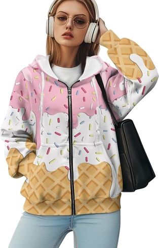 JEOCODY Zip Up Hoodie Women Oversized Hoodie Casual Long Sleeve Graphic Jackets with Pockets Zipper Drawstring in Saudi Arabia