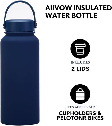 Black 32 oz Insulated Water Bottle, Large Metal Stainless Steel Water Flask, Big Sports Travel Mens Water Bottle for Gym,Hiking,1 liters Leakproof Insulated Thermal Bottle with 2 Lids in Saudi Arabia