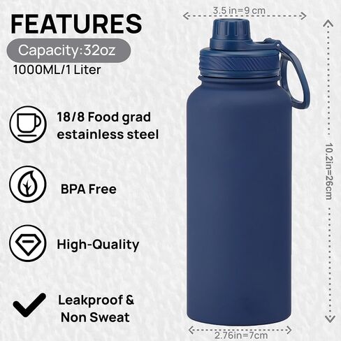 Black 32 oz Insulated Water Bottle, Large Metal Stainless Steel Water Flask, Big Sports Travel Mens Water Bottle for Gym,Hiking,1 liters Leakproof Insulated Thermal Bottle with 2 Lids in Saudi Arabia