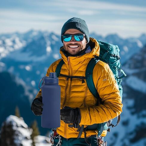 Black 32 oz Insulated Water Bottle, Large Metal Stainless Steel Water Flask, Big Sports Travel Mens Water Bottle for Gym,Hiking,1 liters Leakproof Insulated Thermal Bottle with 2 Lids in Saudi Arabia