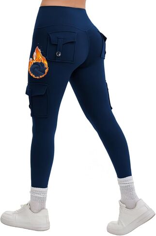 AEEZO Womens Fleece Lined Cargo Leggings with Pockets Thermal Butt Lifting Hidden Scrunch Cold Weather Yoga Pants in Saudi Arabia