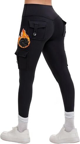 AEEZO Womens Fleece Lined Cargo Leggings with Pockets Thermal Butt Lifting Hidden Scrunch Cold Weather Yoga Pants in Saudi Arabia