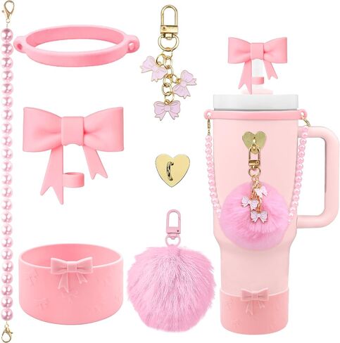 7PCS Bow of Stanley Cup Accessories Set 30/40 Oz Pearl Charms for Stanley Decorations Water Bottle Tumbler Accessories Including Bow Straw Topper, Pom Pom Keychain, Tumbler Boot 30/40 Oz in Saudi Arabia