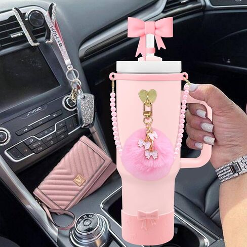 7PCS Bow of Stanley Cup Accessories Set 30/40 Oz Pearl Charms for Stanley Decorations Water Bottle Tumbler Accessories Including Bow Straw Topper, Pom Pom Keychain, Tumbler Boot 30/40 Oz in Saudi Arabia