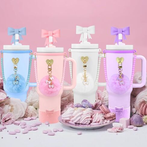 7PCS Bow of Stanley Cup Accessories Set 30/40 Oz Pearl Charms for Stanley Decorations Water Bottle Tumbler Accessories Including Bow Straw Topper, Pom Pom Keychain, Tumbler Boot 30/40 Oz in Saudi Arabia