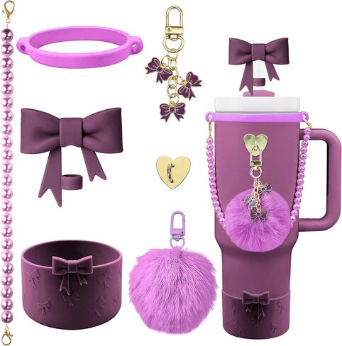 7PCS Bow of Stanley Cup Accessories Set 30/40 Oz Pearl Charms for Stanley Decorations Water Bottle Tumbler Accessories Including Bow Straw Topper, Pom Pom Keychain, Tumbler Boot 30/40 Oz in Saudi Arabia