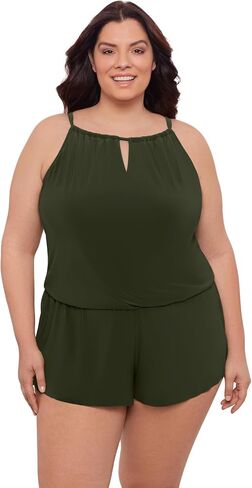 Aqua Green Womens Keyhole Blouson Slimming Swim Romper with Pocket in Saudi Arabia