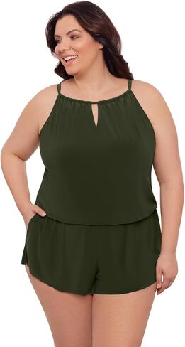 Aqua Green Womens Keyhole Blouson Slimming Swim Romper with Pocket in Saudi Arabia