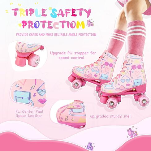 YYW Roller Skates for Girls Light Up Kids Roller Skate Double Row High Top Pink Graffiti Roller Derby Skates Girls Ages 8-12 PU Quad Skates for Kid Beginner in Saudi Arabia