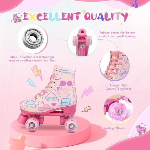 YYW Roller Skates for Girls Light Up Kids Roller Skate Double Row High Top Pink Graffiti Roller Derby Skates Girls Ages 8-12 PU Quad Skates for Kid Beginner in Saudi Arabia