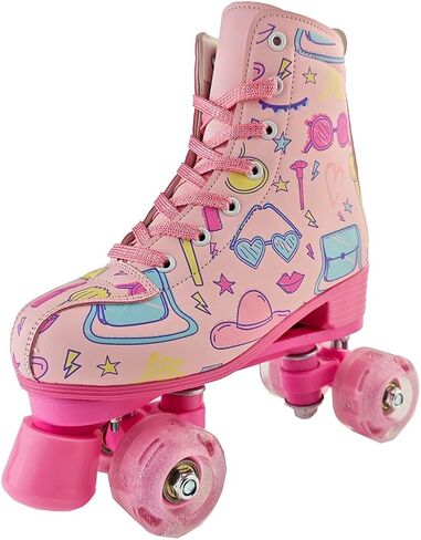 YYW Roller Skates for Girls Light Up Kids Roller Skate Double Row High Top Pink Graffiti Roller Derby Skates Girls Ages 8-12 PU Quad Skates for Kid Beginner in Saudi Arabia
