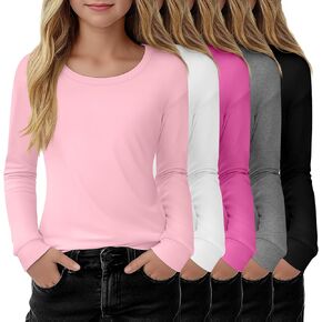 5 Pack Girls Long Sleeve Shirts Round Neck Kids Tops Loose Casual Basic Tee Toddler Cute Soft Tween Youth Pullover in Saudi Arabia