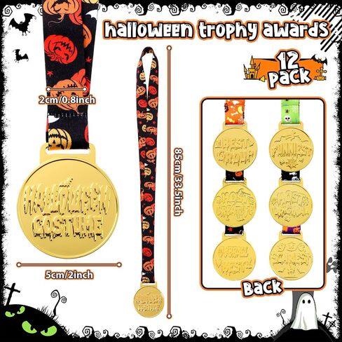 12 Pcs Halloween Party Trophy Award Medals Bulk 2''Halloween Best Costume Prizes with Ribbons Ghost Skull Pumpkin Award Trophy Golden Costume Contest Medals for Halloween Party Supplies in Saudi Arabia